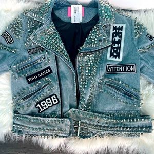 Denim patchwork studded jacket